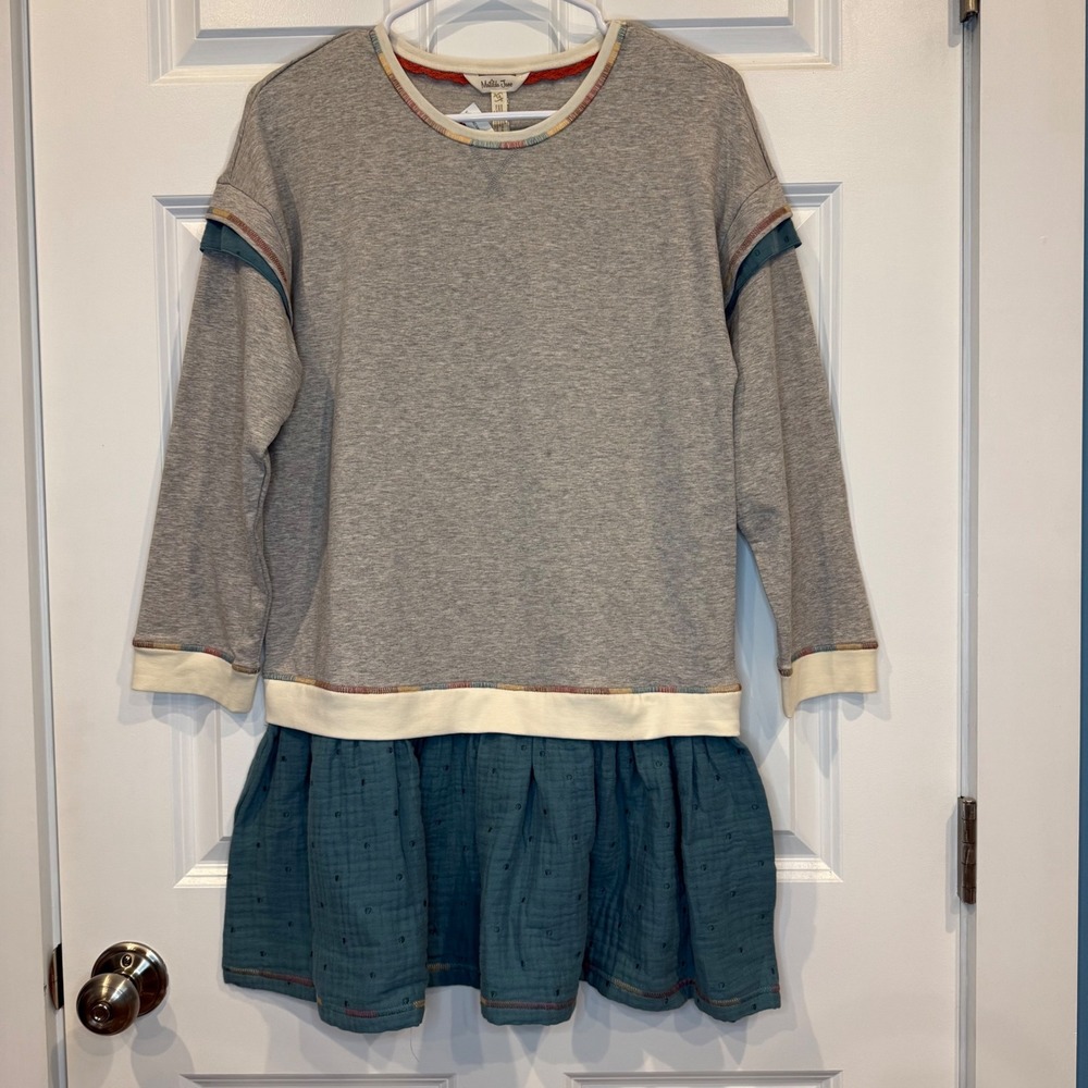 Matilda Jane Girls Dress Size 14 Gray Teal Long Sleeve Drop Waist Knit‎ Comfy